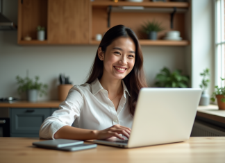 Avantages de vivre à l’ère numérique : bienfaits et impact social Jeune femme en visioconference dans un appartement cosy