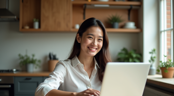 Avantages de vivre à l’ère numérique : bienfaits et impact social Jeune femme en visioconference dans un appartement cosy
