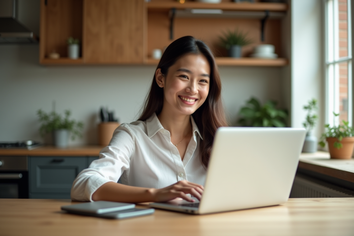 femme-video-appartement Jeune femme en visioconference dans un appartement cosy