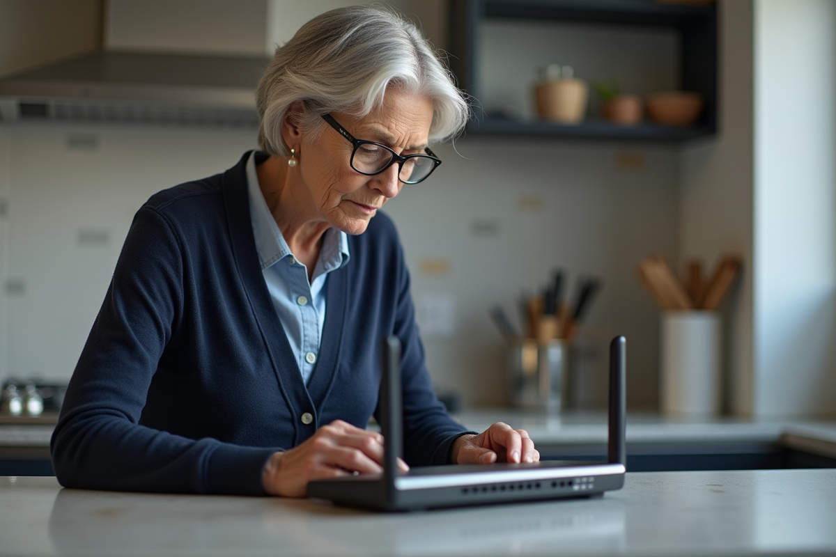 Femme âgée vérifiant un routeur dans la cuisine