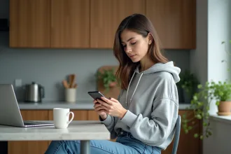 Jeune femme utilisant la recherche vocale sur smartphone à la maison