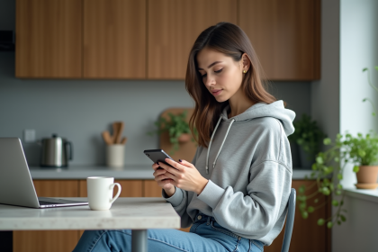 Jeune femme utilisant la recherche vocale sur smartphone à la maison