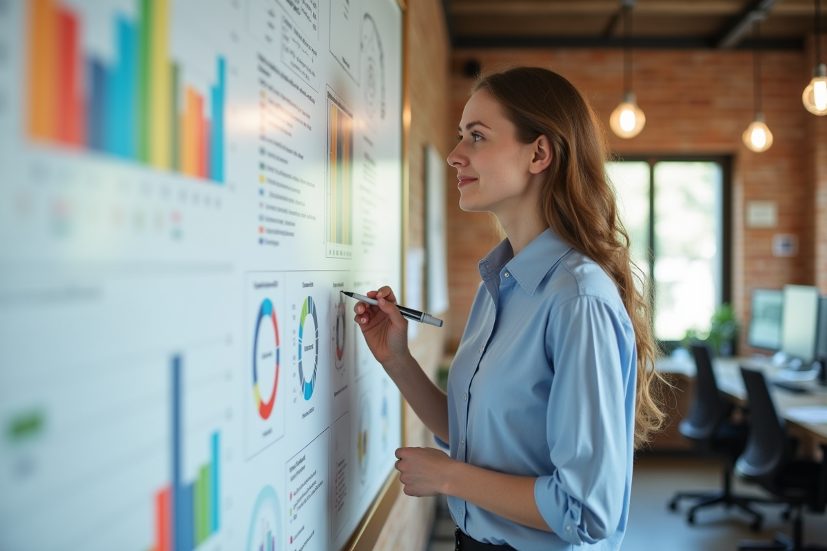 Jeune femme expliquant des diagrammes sur un tableau blanc