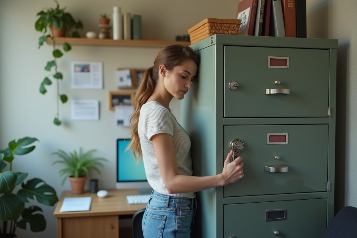 Jeune femme en casual verrouillant un meuble de bureau à domicile
