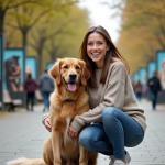 Publicités pour chien : soumettez votre compagnon canin à des campagnes publicitaires ! Jeune femme avec son chien dans un parc urbain ensoleille