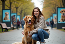 Jeune femme avec son chien dans un parc urbain ensoleille