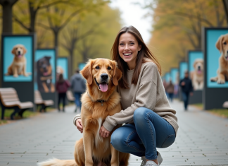 Publicités pour chien : soumettez votre compagnon canin à des campagnes publicitaires ! Jeune femme avec son chien dans un parc urbain ensoleille