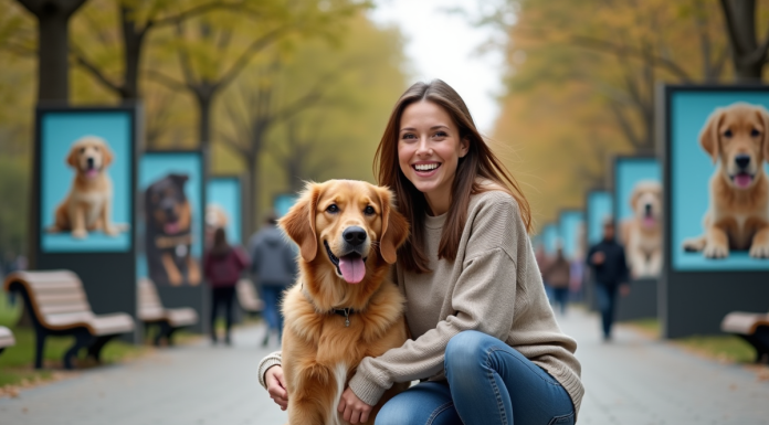 Publicités pour chien : soumettez votre compagnon canin à des campagnes publicitaires ! Jeune femme avec son chien dans un parc urbain ensoleille