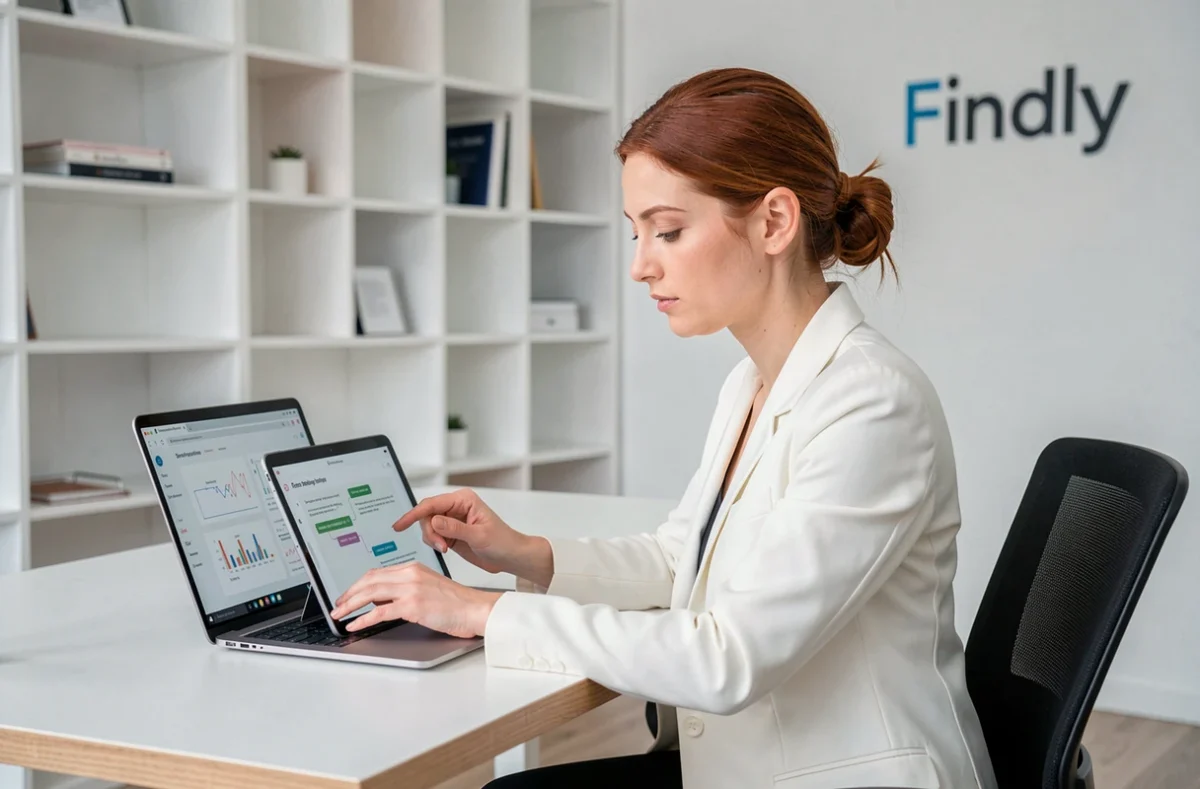 Findly : designeuse UX travaillant sur des wireframes et tableaux de bord analytiques dans un bureau minimaliste moderne
