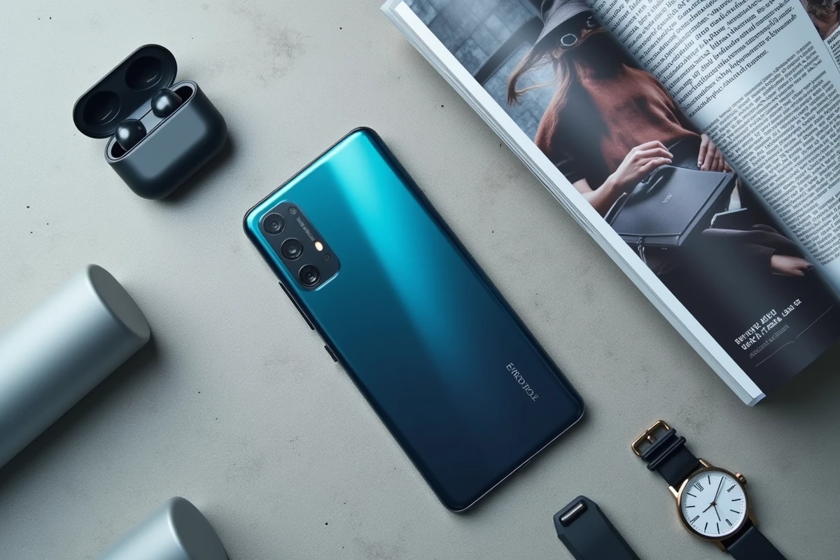 Flat-lay éditorial du Samsung Galaxy S25 avec accessoires tech sur surface en béton pour article premium