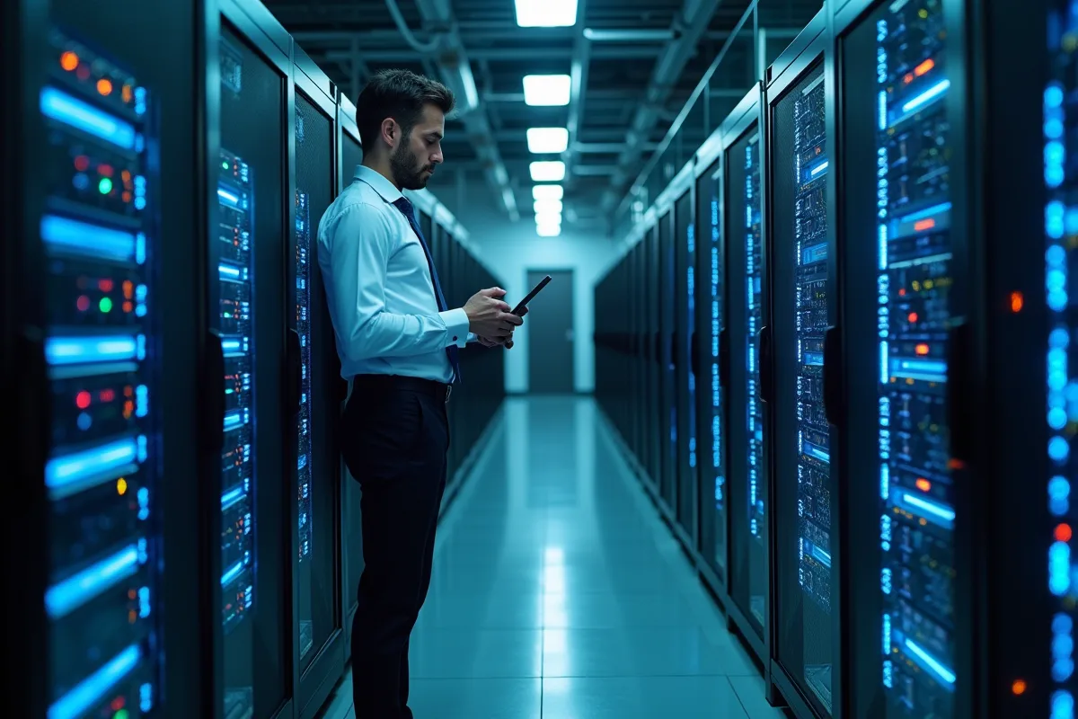 Infrastructure de data center avec serveurs et équipements de stockage