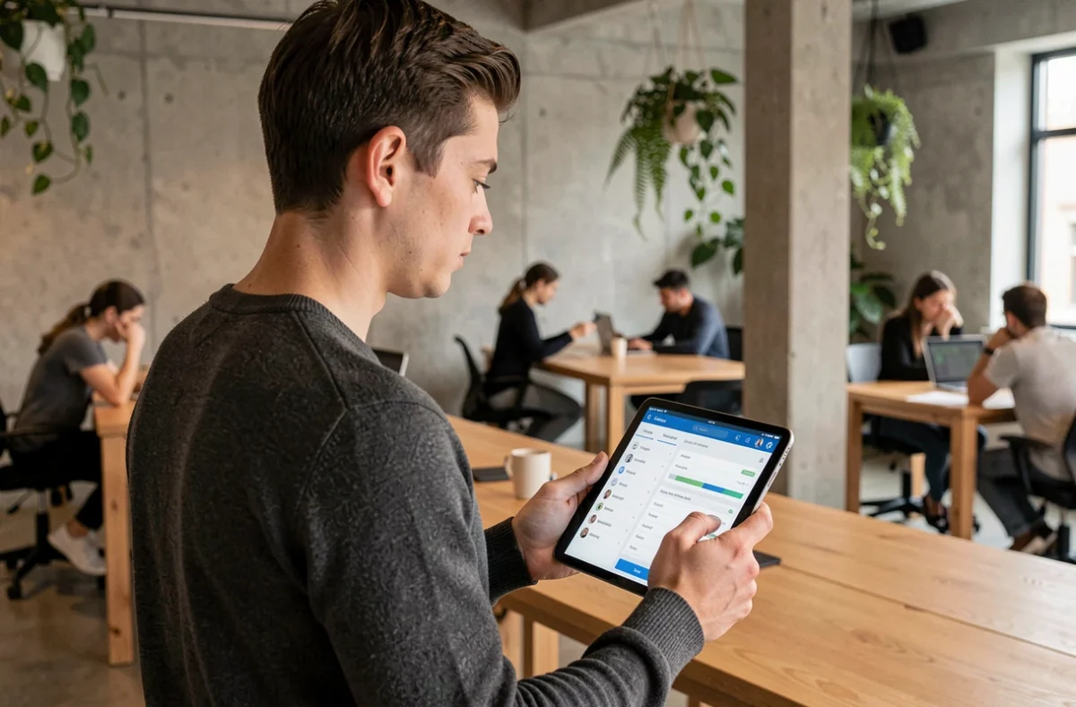 Jeune professionnel consultant son compte Cegidlife sur une tablette dans un espace de coworking