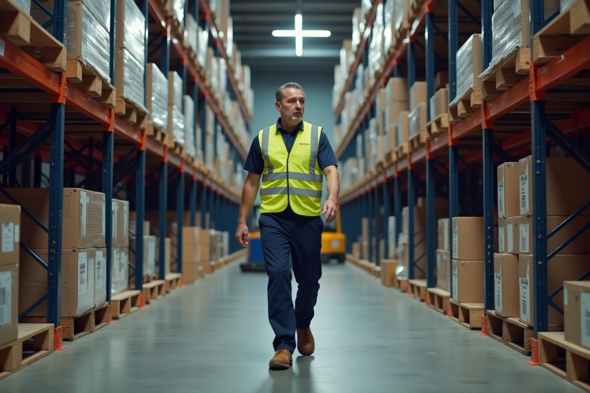 Manager d'entrepot en tenue de travail et gilet haute visibilite