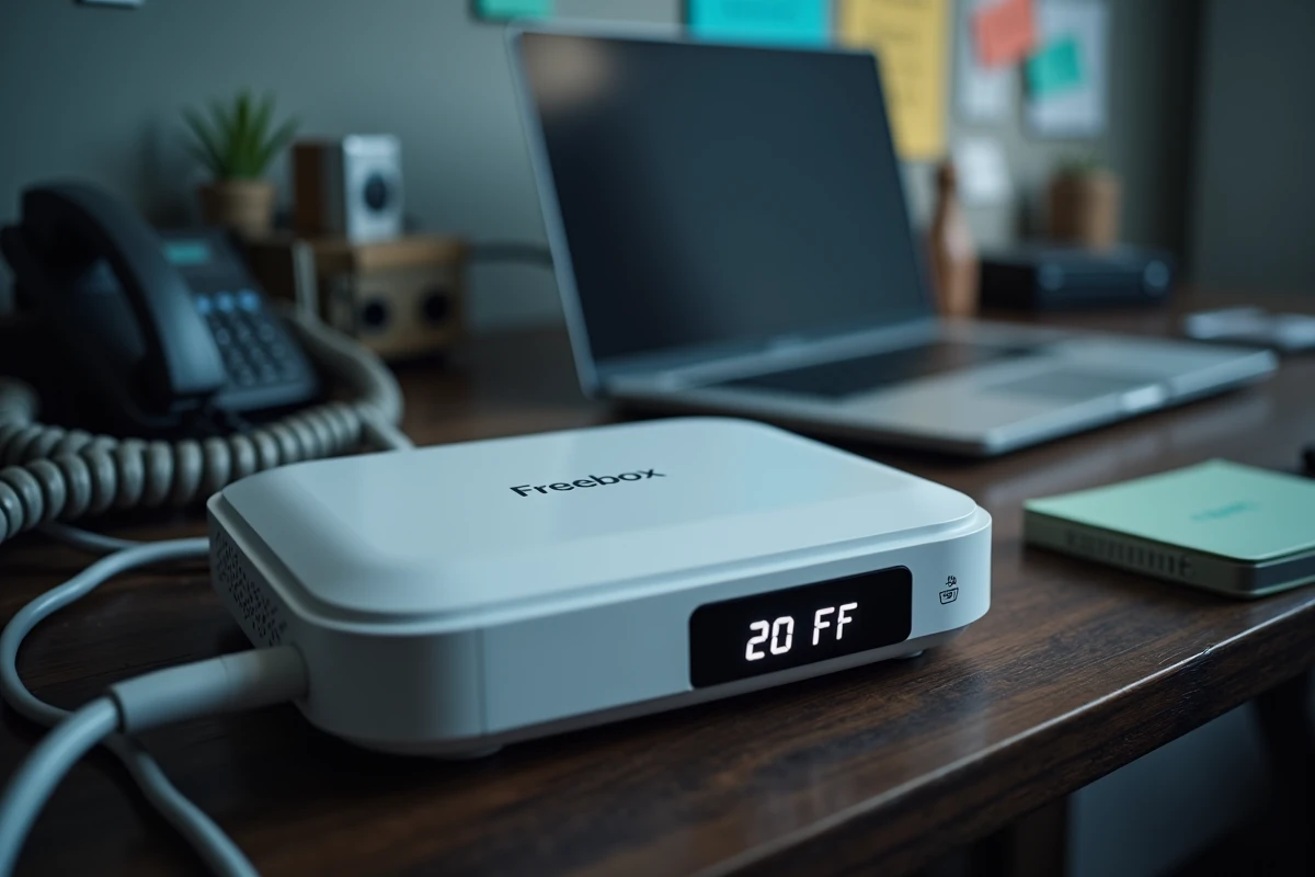 Gros plan sur l'écran d'une Freebox affichant le code erreur 20 FF sur un bureau encombré