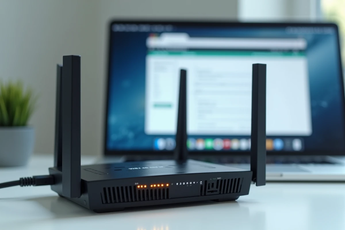 Gros plan sur un routeur Wi-Fi connecté à un ordinateur affichant la page de changement de mot de passe via l'adresse IP locale