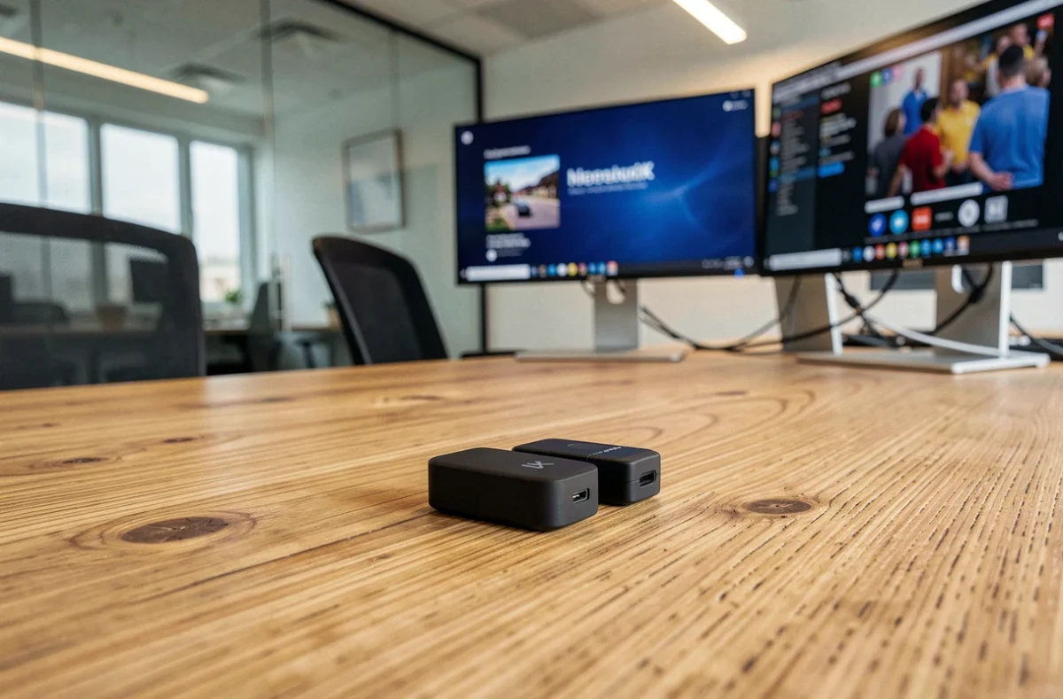Gros plan sur un transmetteur et récepteur HDMI 4K sans fil posés sur un bureau en open space avec double écran en arrière-plan