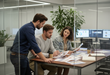 Groupe de professionnels en réunion dans un bureau moderne