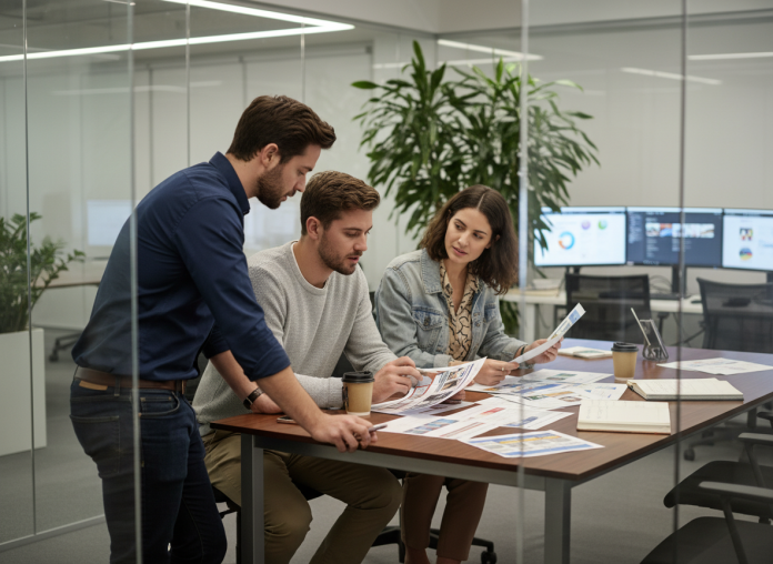 Groupe de professionnels en réunion dans un bureau moderne