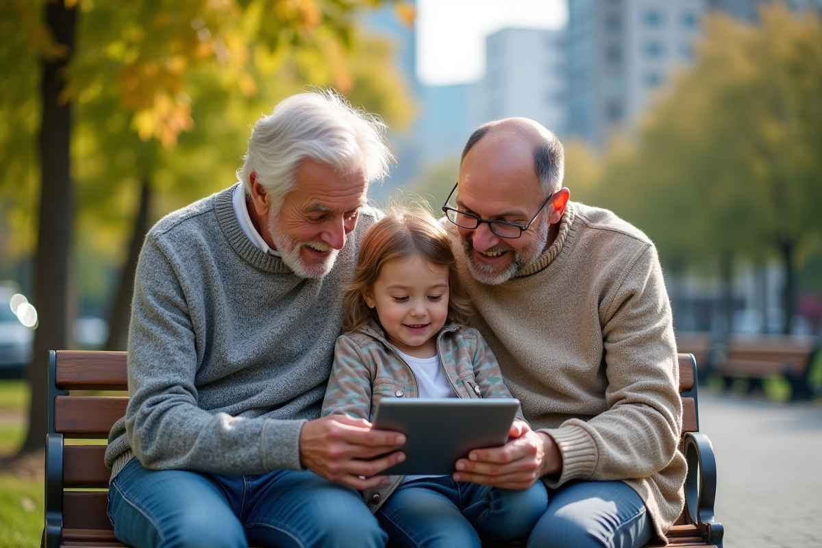Groupe multigeneration partageant une tablette dans un parc