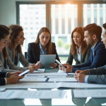 Groupe de professionnels en réunion dans un bureau lumineux
