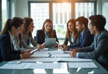 Groupe de professionnels en réunion dans un bureau lumineux