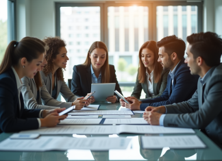 Groupe de professionnels en réunion dans un bureau lumineux
