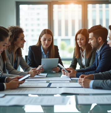 Groupe de professionnels en réunion dans un bureau lumineux