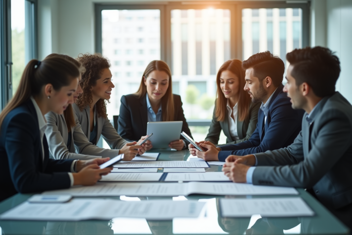 Groupe de professionnels en réunion dans un bureau lumineux