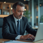 Menaces sécurité informatique : comment se protéger des cyber-risques ? Homme d'affaires en costume travaillant sur son ordinateur dans un bureau moderne