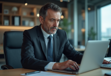Homme d'affaires en costume travaillant sur son ordinateur dans un bureau moderne