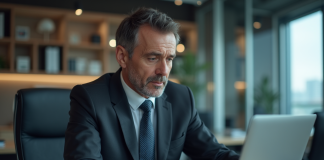 Homme d'affaires en costume travaillant sur son ordinateur dans un bureau moderne