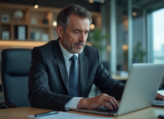 Homme d'affaires en costume travaillant sur son ordinateur dans un bureau moderne