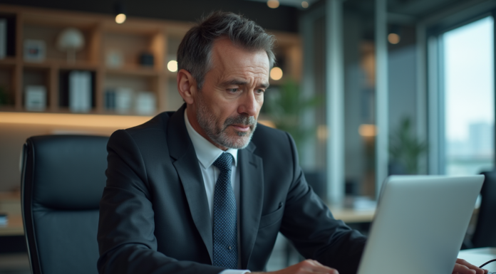 Menaces sécurité informatique : comment se protéger des cyber-risques ? Homme d'affaires en costume travaillant sur son ordinateur dans un bureau moderne