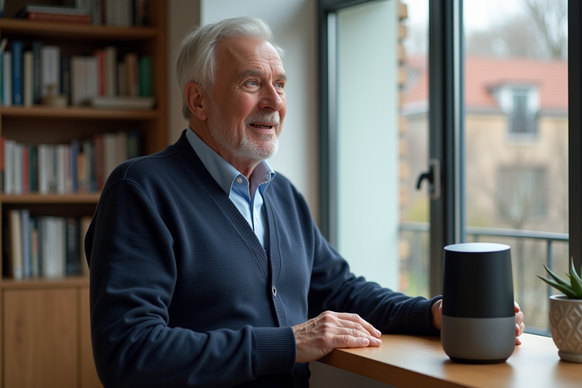 Homme parlant à un assistant vocal dans un salon lumineux