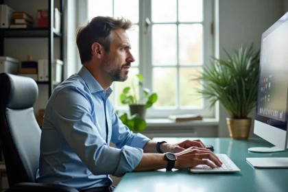 Homme d'&acirc;ge moyen dans un bureau &agrave; domicile moderne et lumineux
