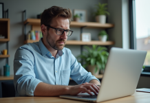 Homme concentré sur son ordinateur dans un bureau moderne