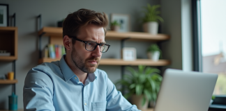 Homme concentré sur son ordinateur dans un bureau moderne
