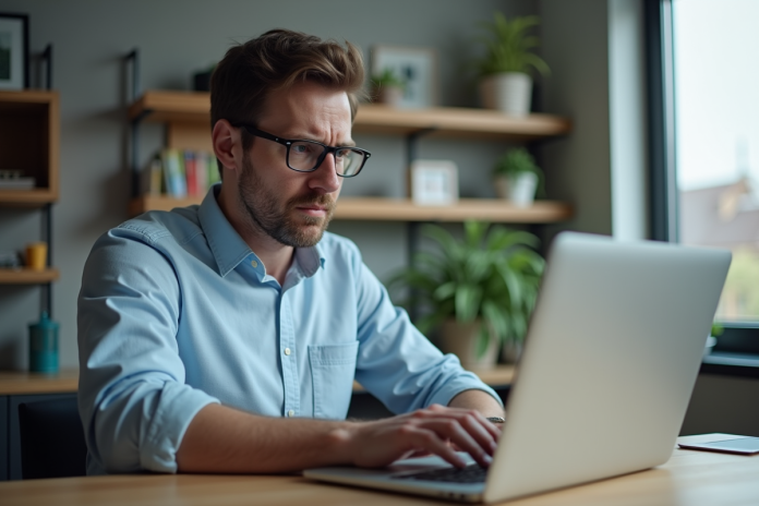 Homme concentré sur son ordinateur dans un bureau moderne