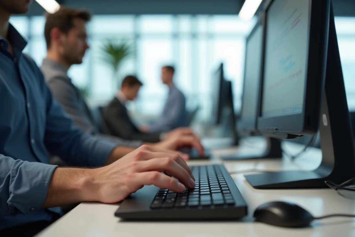 Homme concentré tapant sur un clavier dans un bureau lumineux