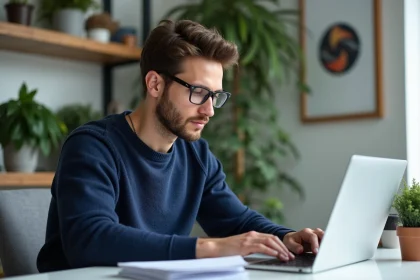 Homme concentré travaillant sur son ordinateur dans un bureau moderne