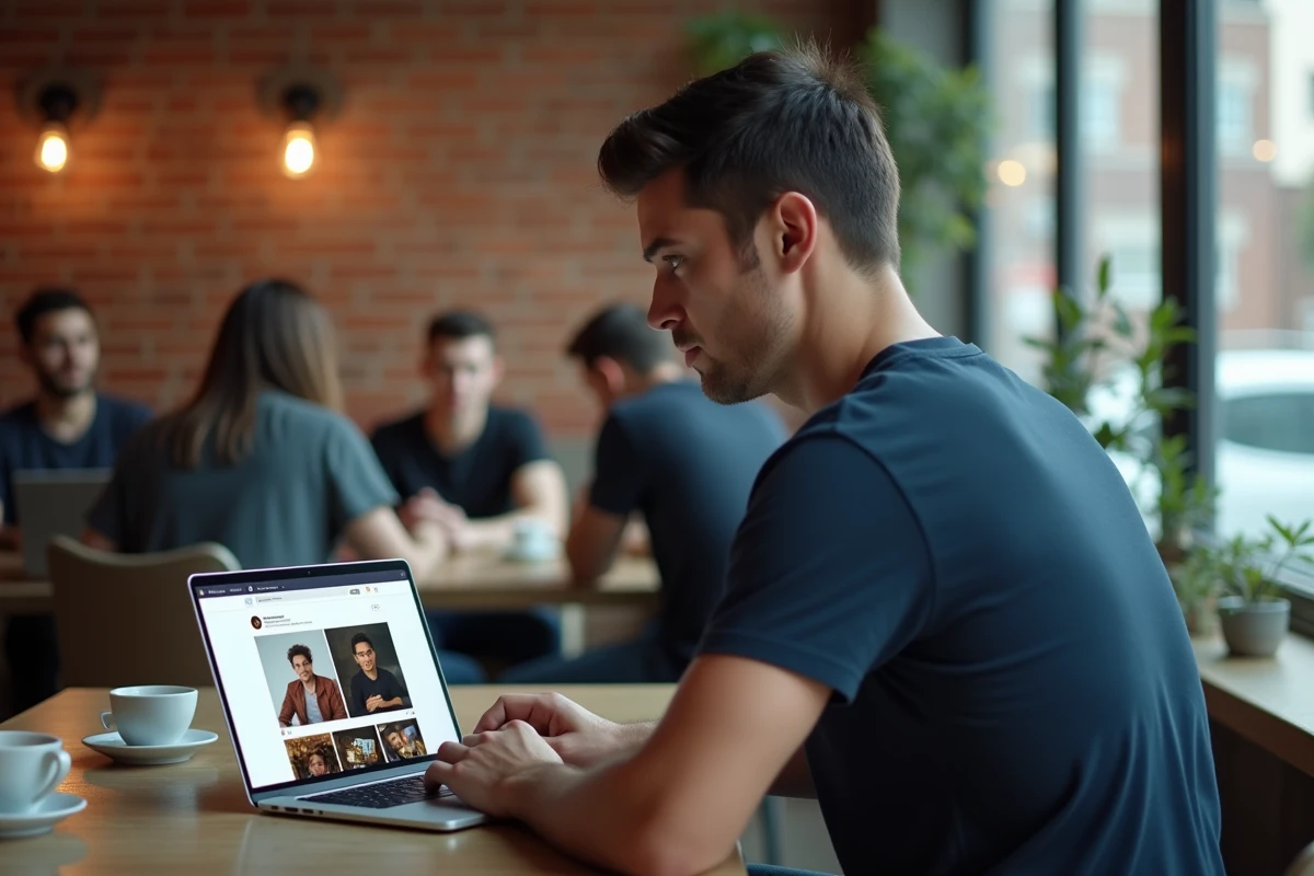 Homme dans un café comparant deux profils Instagram sur son ordinateur portable, réfléchissant à la stratégie de compte