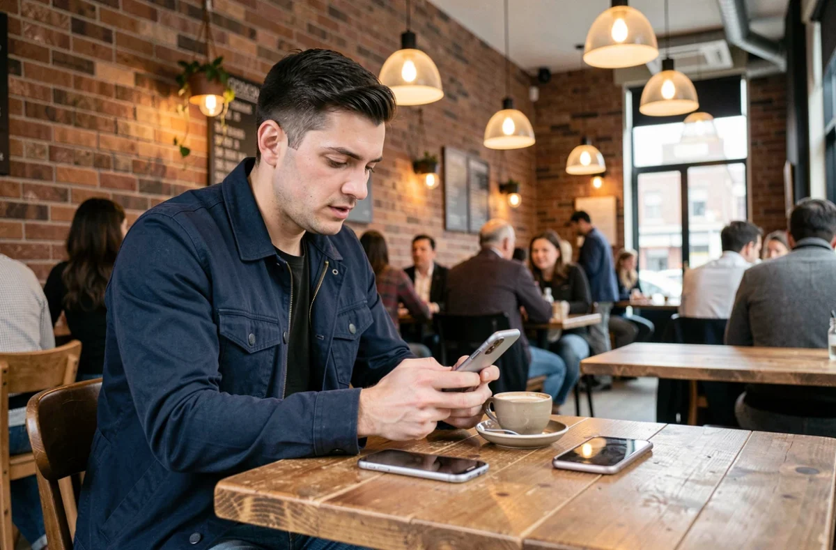 Homme dans un café examinant un iPhone SE compact avec un iPhone 16 posé sur la table