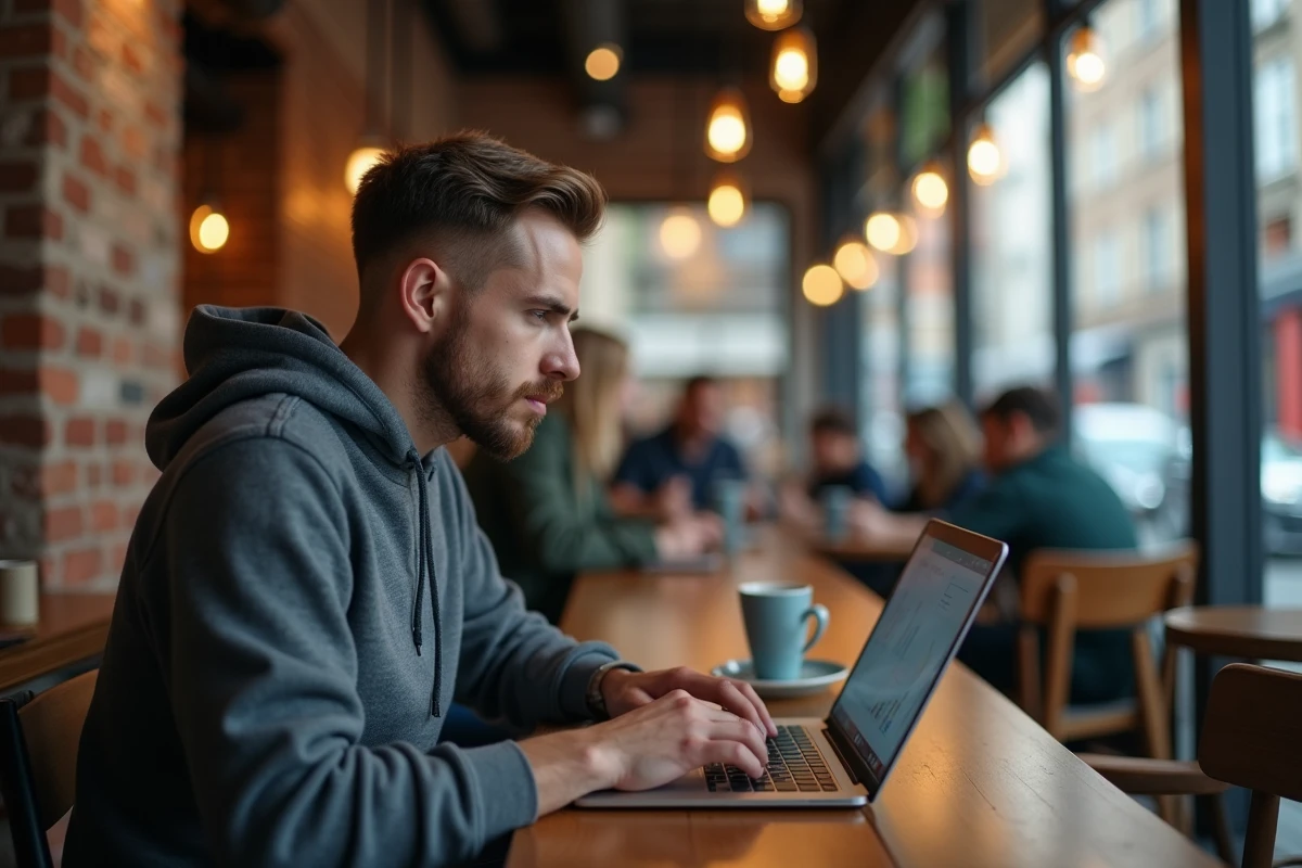 Homme travaillant sur son ordinateur dans un café urbain chaleureux