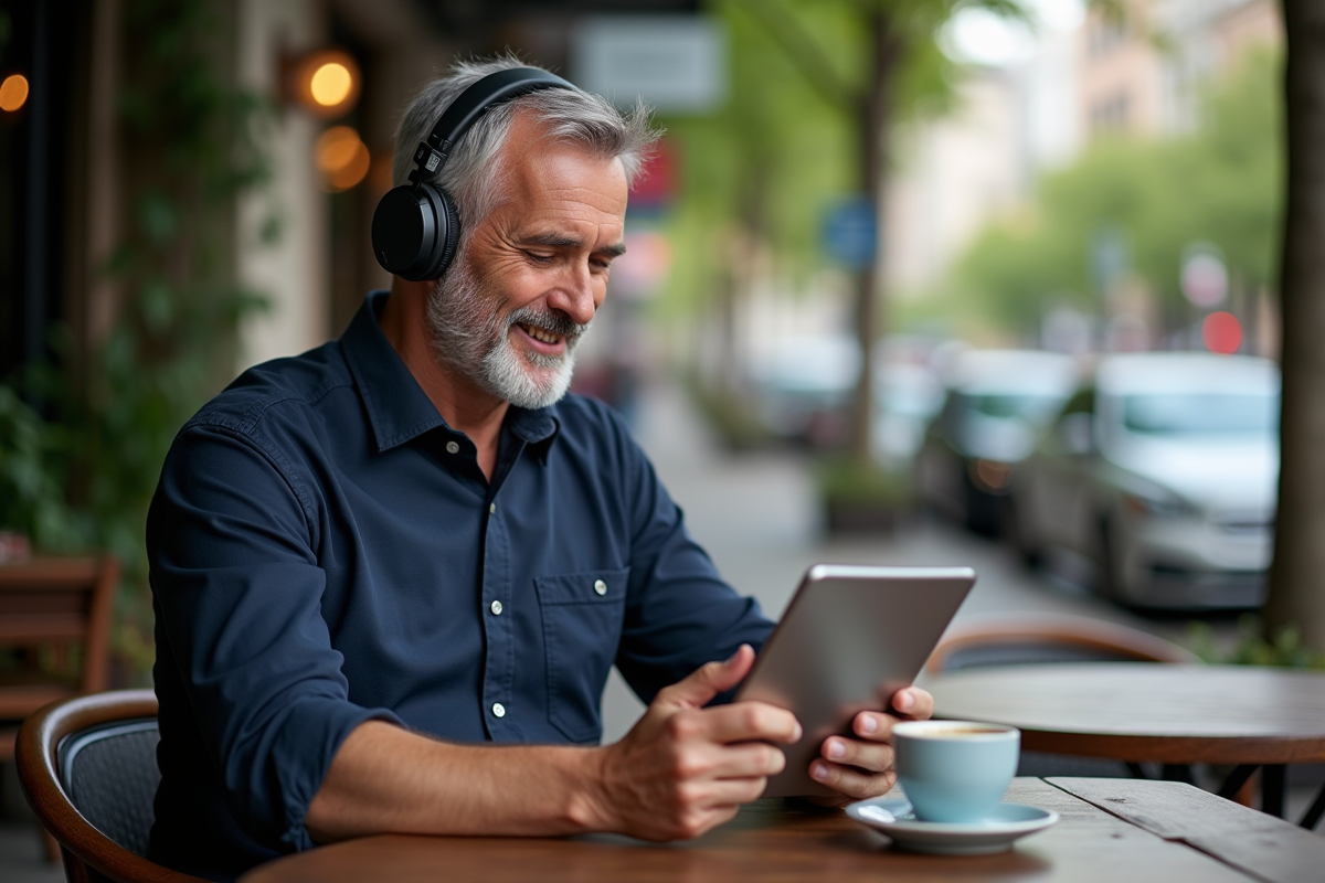 Homme détendu avec tablette dans un café extérieur