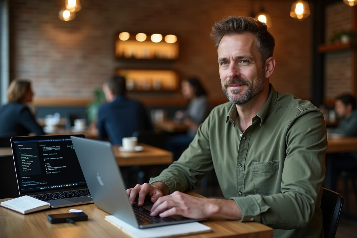 Homme dans un café utilisant un terminal système sur laptop avec une clé USB de démarrage avant l'installation d'un OS