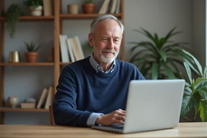 Homme d'&acirc;ge moyen en pull bleu dans un salon lumineux