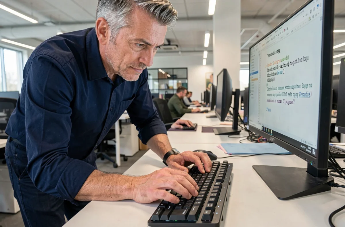 Homme tapant sur un clavier AZERTY pour insérer le caractère Ç dans un éditeur de texte