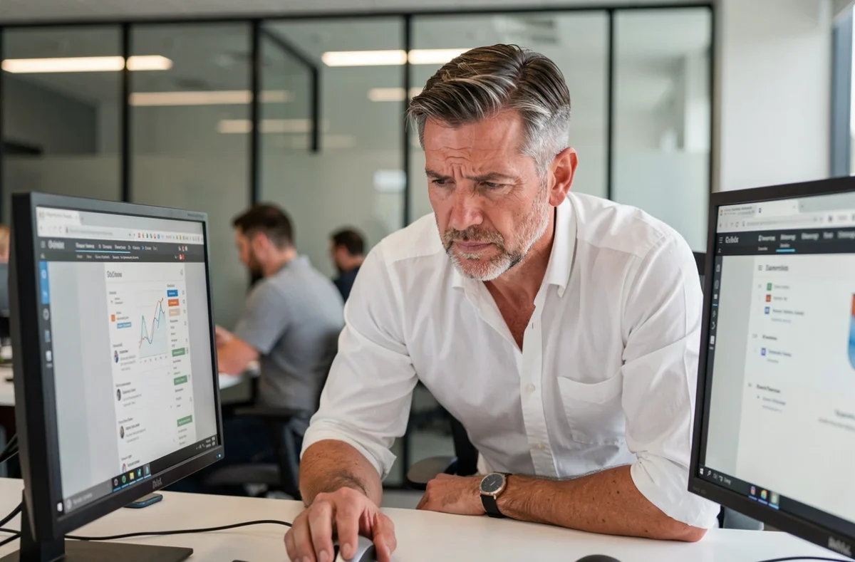 Homme d'affaires comparant deux navigateurs web sur un double écran dans un bureau moderne