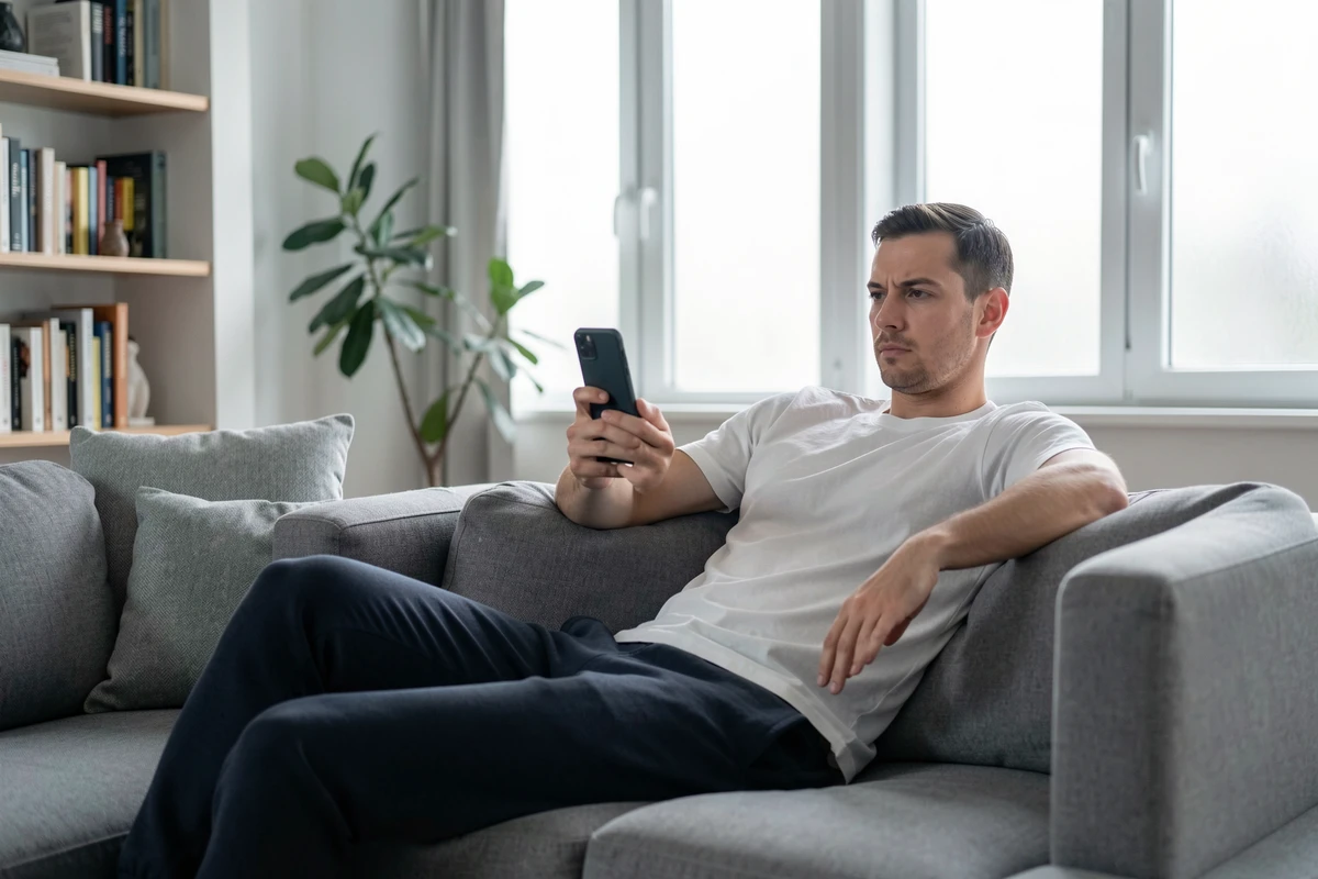 Homme consultant anonymement des stories Instagram sur son canapé dans un appartement moderne