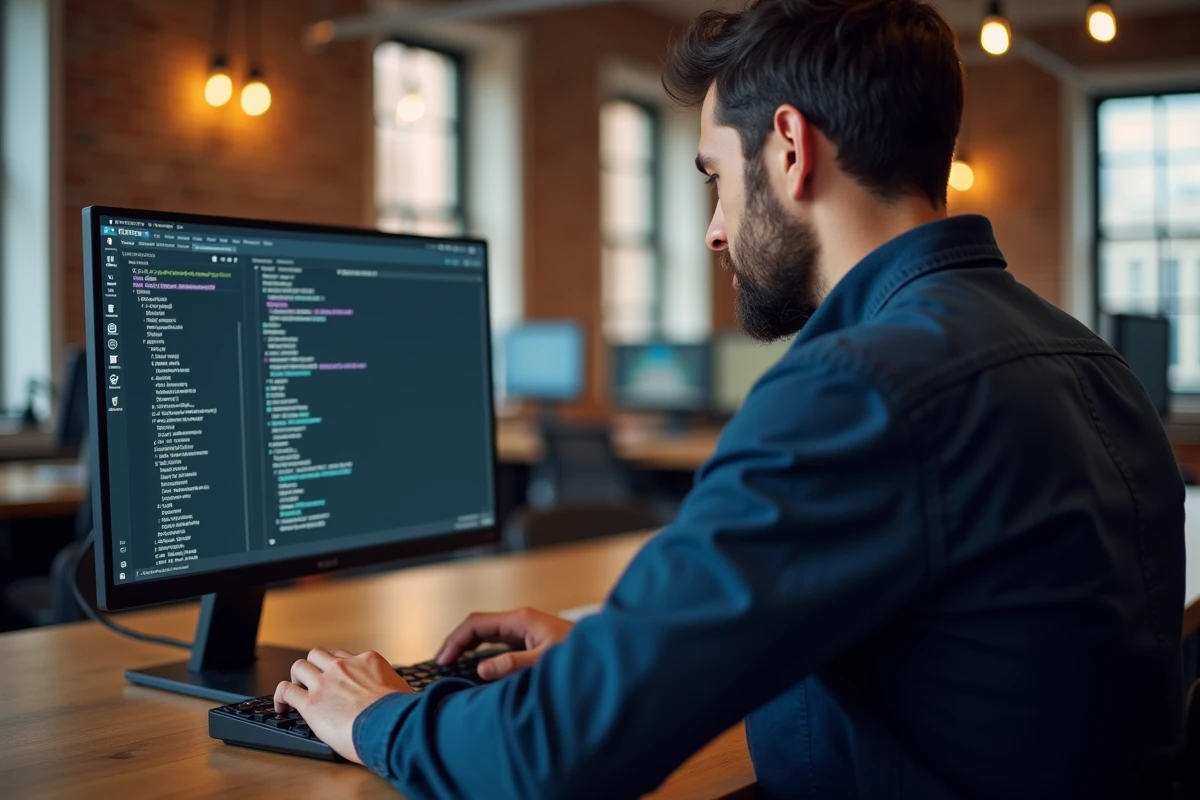 Homme en chemise bleue gérant un serveur Discord avec des salons formatés en italique dans un espace de co-working moderne